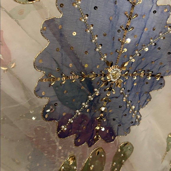 Organza Duppatta stole white painted floral full size. Pearl sequins work. NWOT - Picture 9 of 13